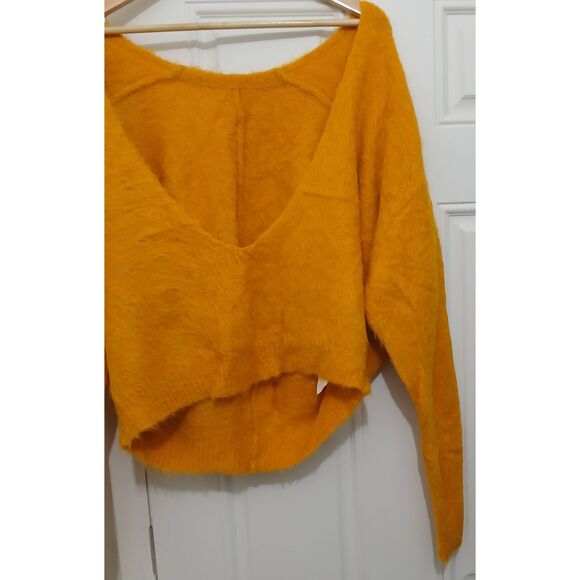 Womens xl wide plunge neck mustard yellow alpaca soft sweater oversized slouchy - Picture 2 of 6